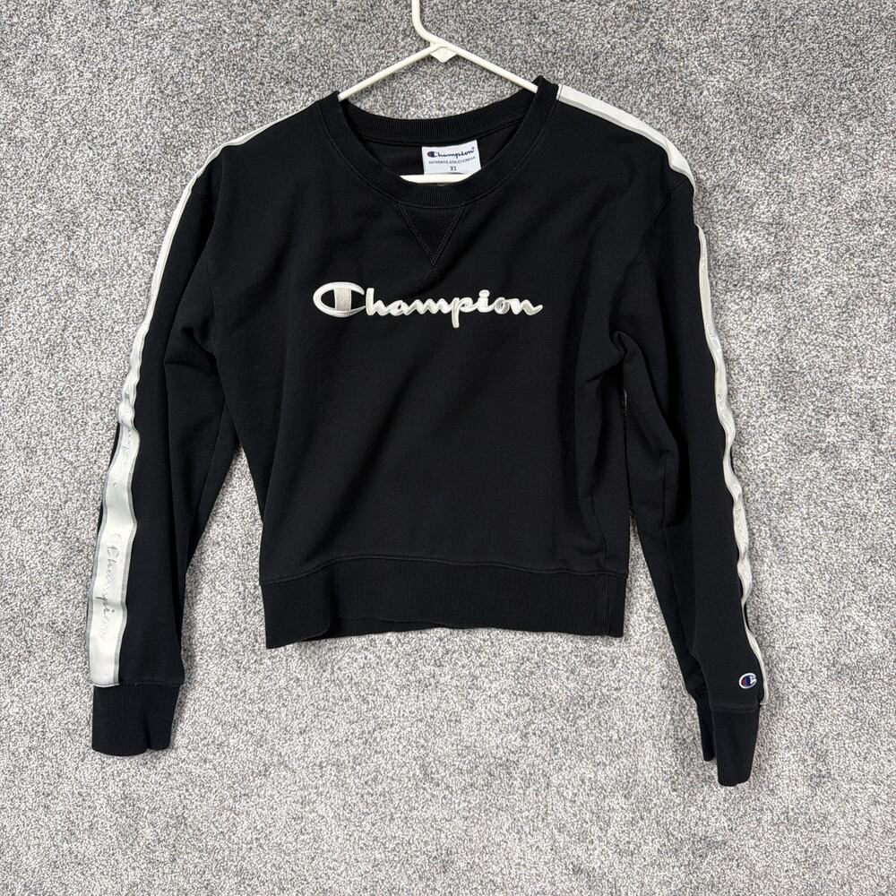 Champion Sweatshirt Womens XS Black Logo Tape Crewneck Pullover Athletic Cropped